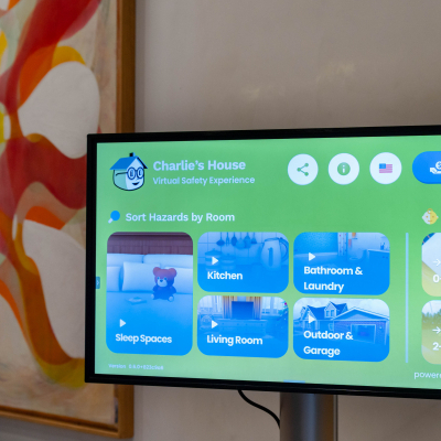Screen showing the Charlie's House Virtual Safety Experience with hazards sorted by room