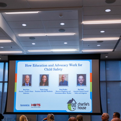 Screen showing the panel title How Education and Advocacy Work for Child Safety with speaker photos