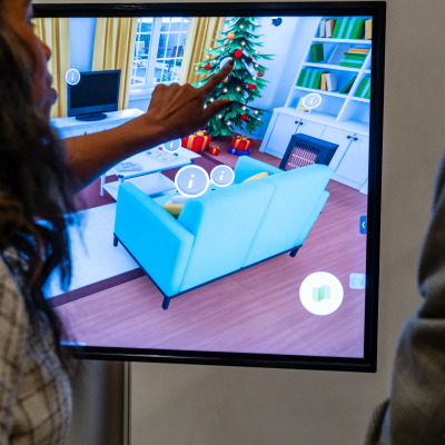 Guest tapping the touchscreen to explore a virtual living room in the safety experience